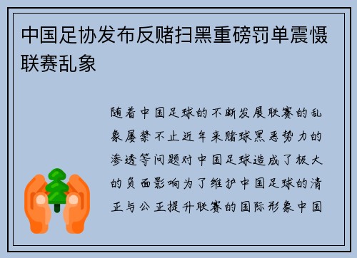 中国足协发布反赌扫黑重磅罚单震慑联赛乱象